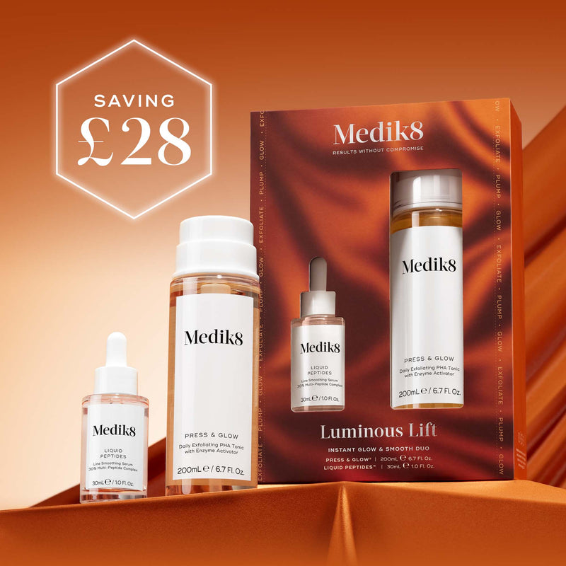 Medik8 Luminous Lift Kit with packaging on a orange background, showing a saving of £28.