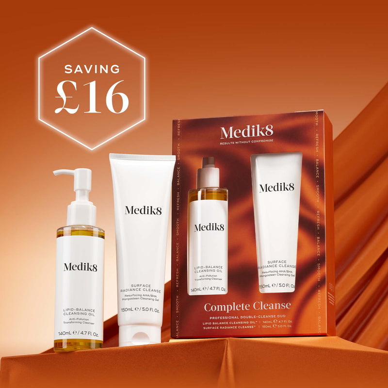 Medik8 Complete Cleanse Kit with packaging on a orange background, showing a saving of £16.