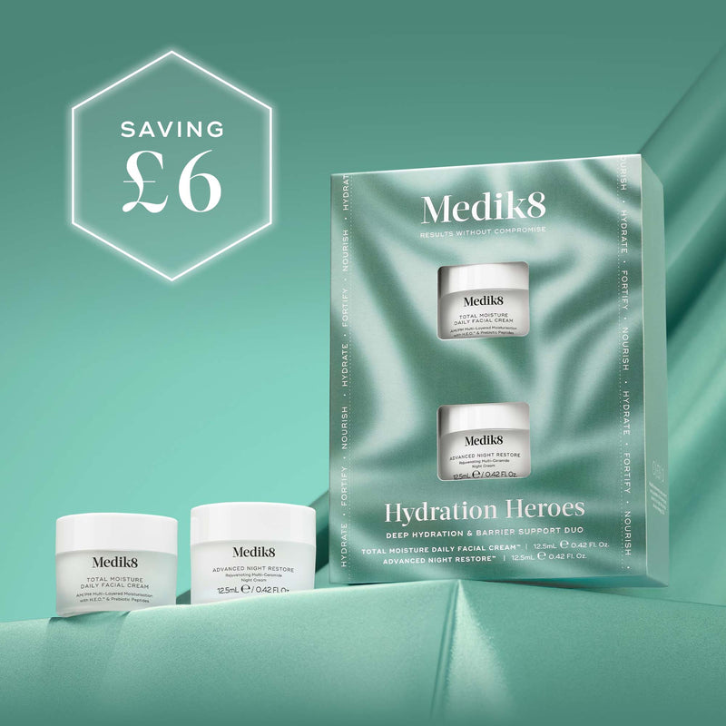 Medik8 Hydration Heroes Kit with packaging on a green background, showing a saving of £6.