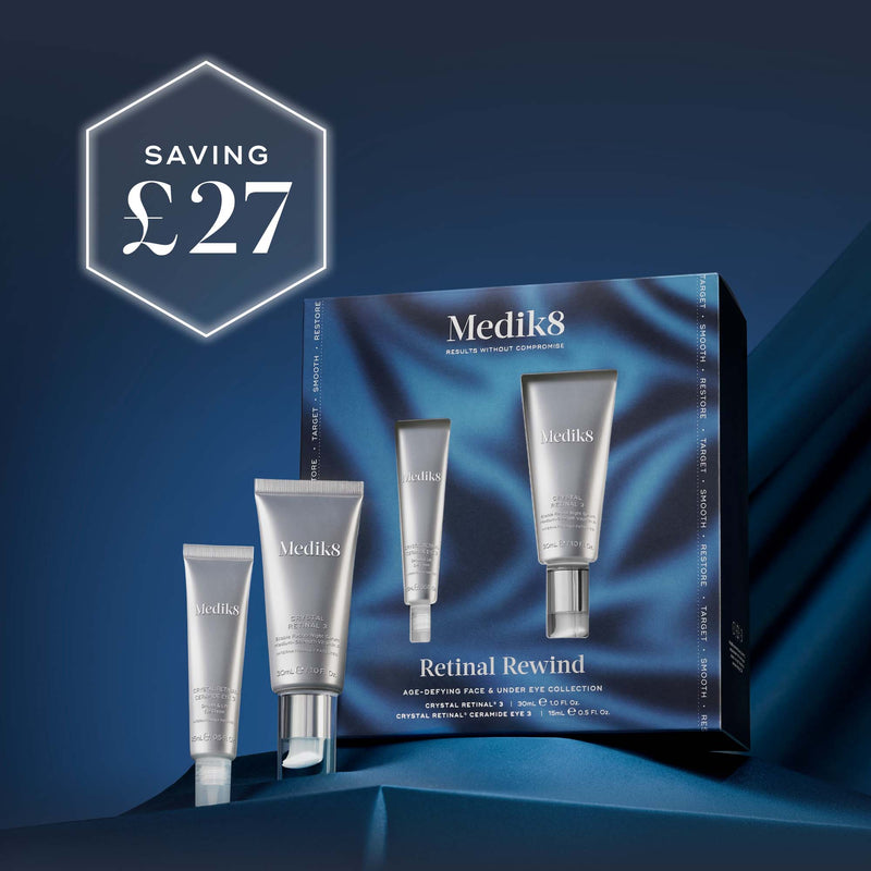 Medik8 Retinal Rewind Kit with packaging on a blue background, showing a saving of £27.
