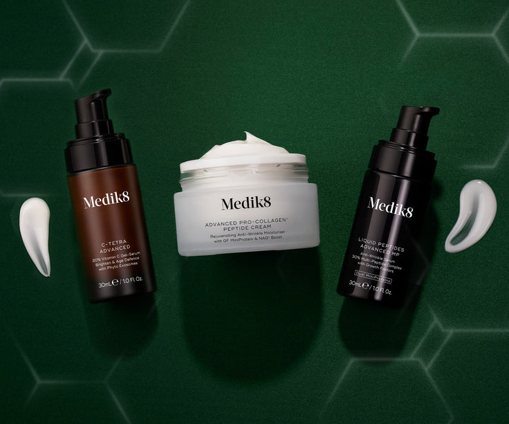 C-Tetra Advanced, Advanced Pro-Collagen Peptide Cream and Liquid Peptides Advanced MP flat lay with swatches