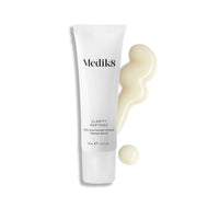 Medik8 Clarity Peptides tube lies on a white background with a smear of milky-white serum. Text highlights the "10% Niacinamide-Infused Peptide Serum" formula.