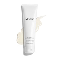 Medik8 Surface Radiance Cleanse tube displayed on a clean white background with a large, translucent gel texture smear. Text identifies it as a Resurfacing AHA/BHA Mangosteen Cleansing Gel in a 150mL size.