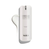 A white pump bottle of r-Retinoate Day & Night Eye Serum, with a droplet of product next to it.