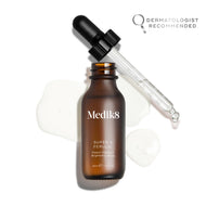 Medik8 Super C Ferulic serum bottle shown open with its glass pipette resting against the rim, displayed on a clean white background with translucent serum droplets. The amber glass bottle features the Medik8 logo and is labeled "SUPER C FERULIC Potent Vitamin C Brightening Serum" in a 30mL size.