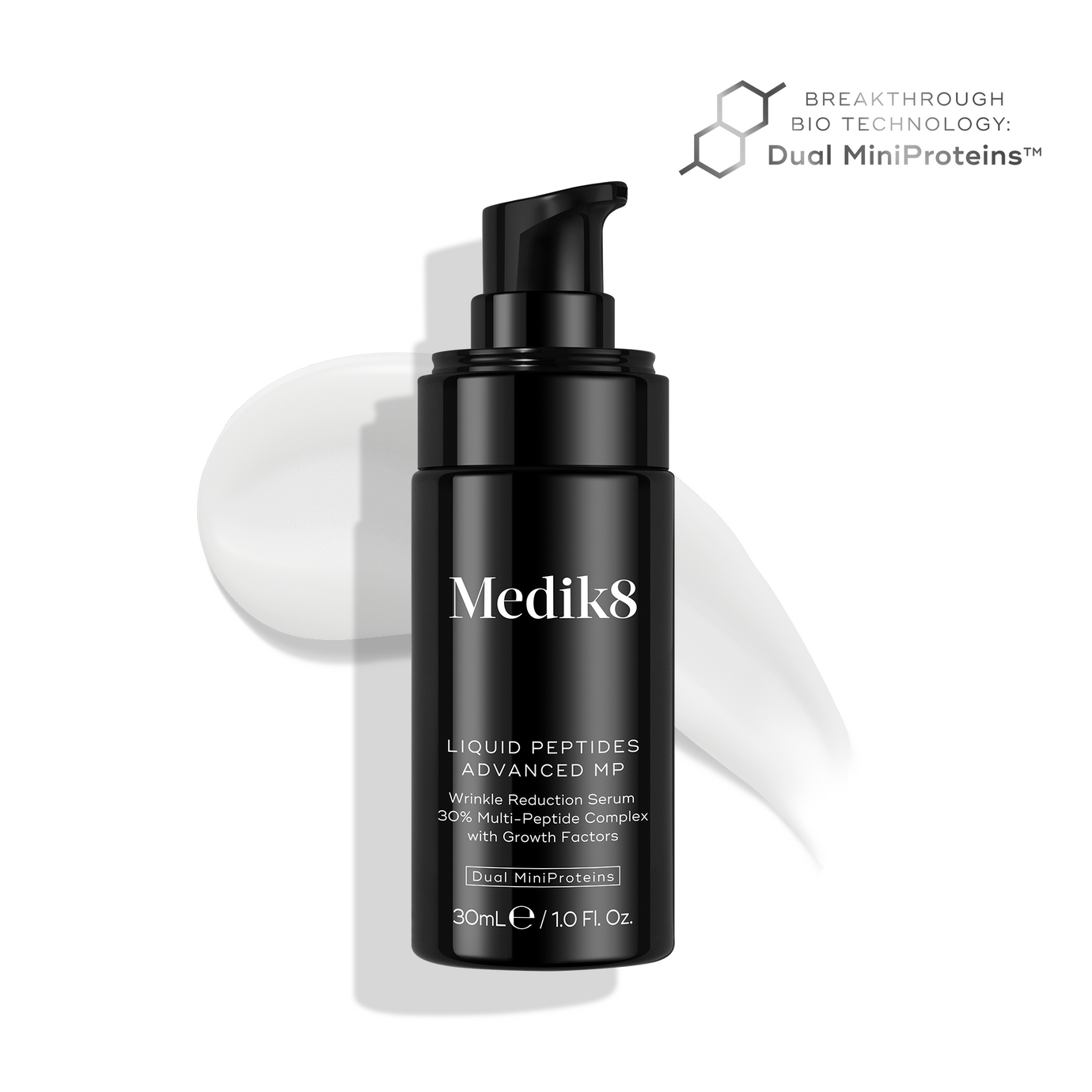 A black Medik8 Liquid Peptides Advanced MP pump bottle on a white background, positioned over a swoosh of white cream. Text notes it is a 