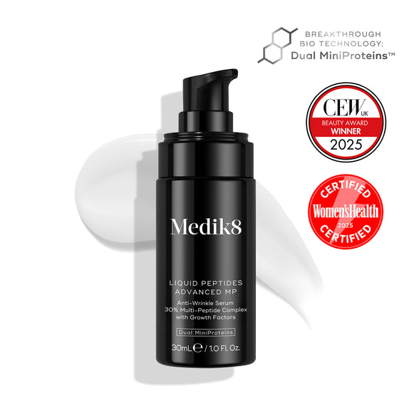 Medik8 Liquid Peptides Advanced MP serum bottle with awards on a white background.-2