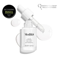 A clear glass dropper bottle of Liquid Peptides serum is presented, with its dropper removed and resting beside it and serum droplets, showing the texture.