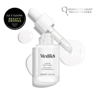 A clear glass dropper bottle of Liquid Peptides serum is presented, with its dropper removed and resting beside it and serum droplets, showing the texture.
