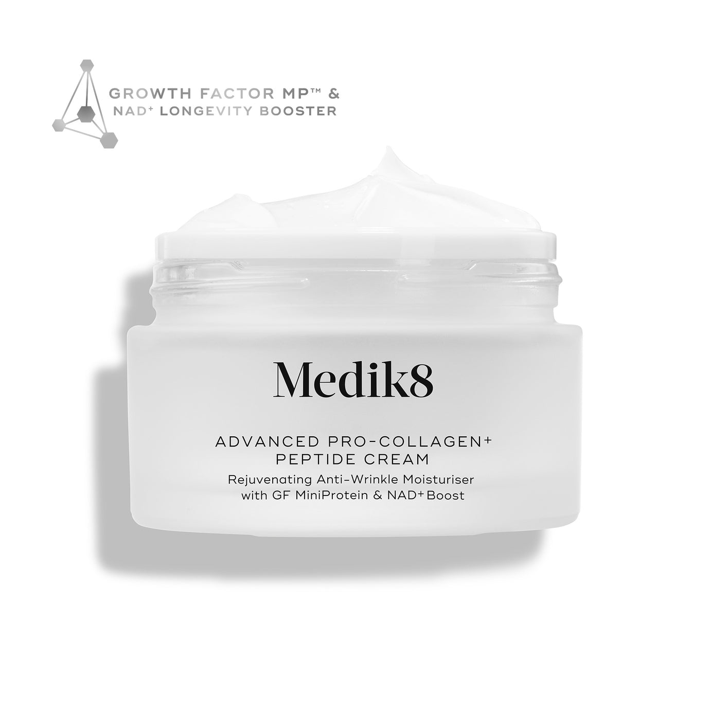 An open frosted glass jar of Medik8 Advanced Pro-Collagen+ Peptide Cream featuring a peak of white cream, set against a clean white background. A molecule graphic in the top left reads 