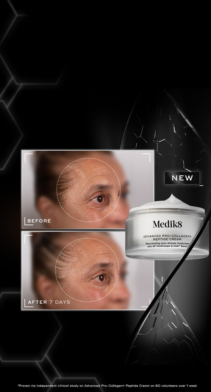 Medik8 cream showing before and after effects on skin.