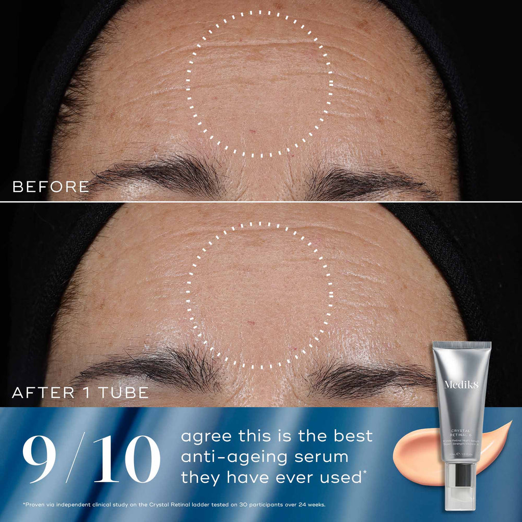 Two distinct Medik8 skincare product sets displayed on a light blue, rippled fabric background. On the left, a white jar and a silver tube are shown under the heading 'CRYSTAL RETINAL' with the description 'Visibly restores radiance'. On the right, a black pump bottle and a white tube are shown under the heading 'DAILY RADIANCE VITAMIN C' with the description 'Firms, brightens & protects with SPF 30'.