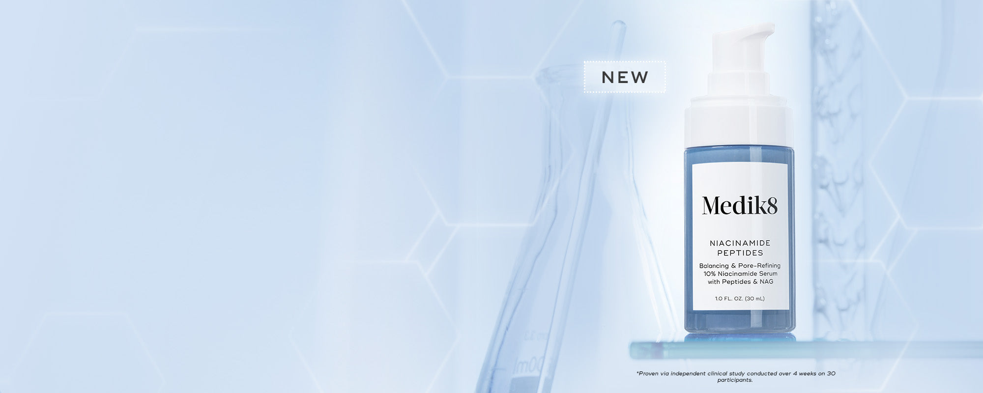 NEW Medik8  product, Niacinamide Peptifes on a light blue background