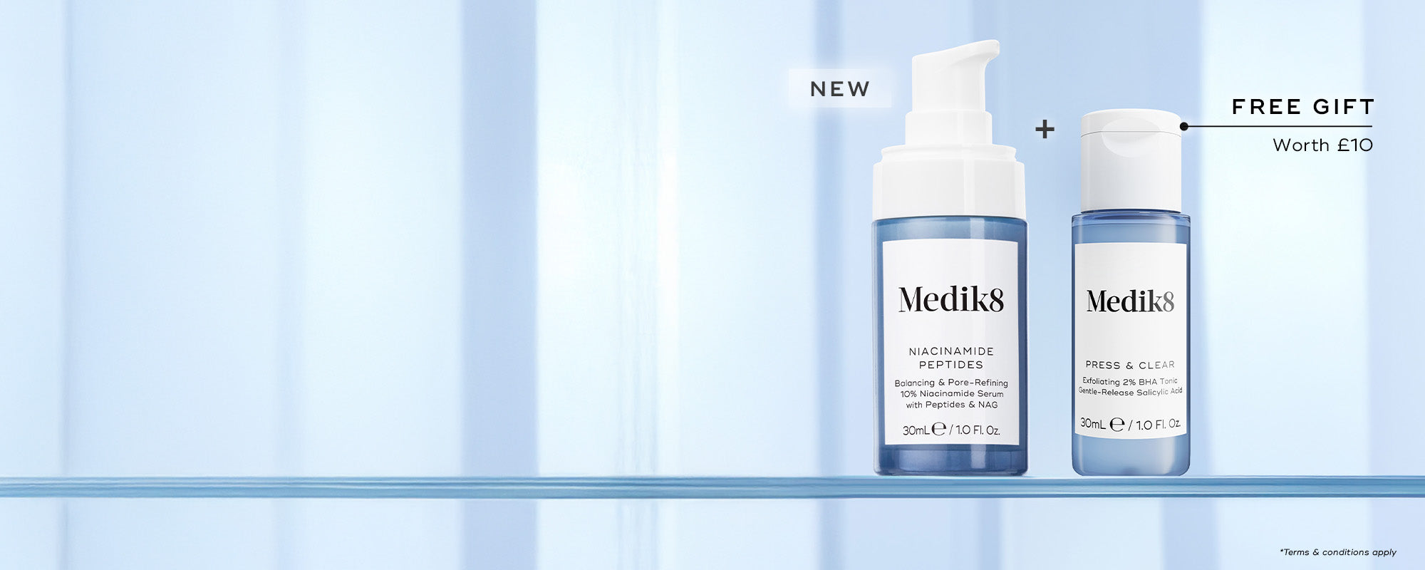 NEW Medik8  product, Niacinamide Peptifes on a light blue background with free gift travel-size Press & Clear