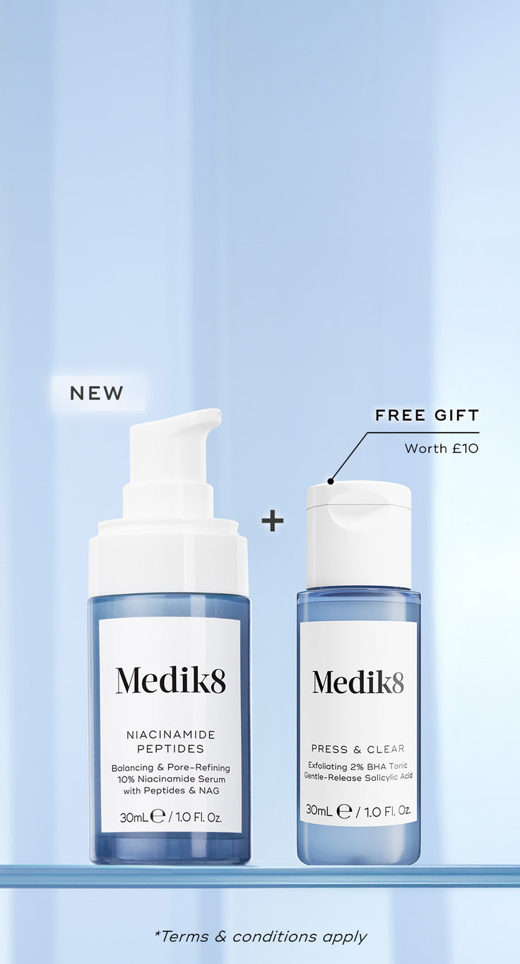 NEW Medik8  product, Niacinamide Peptifes on a light blue background with free gift travel-size Press & Clear