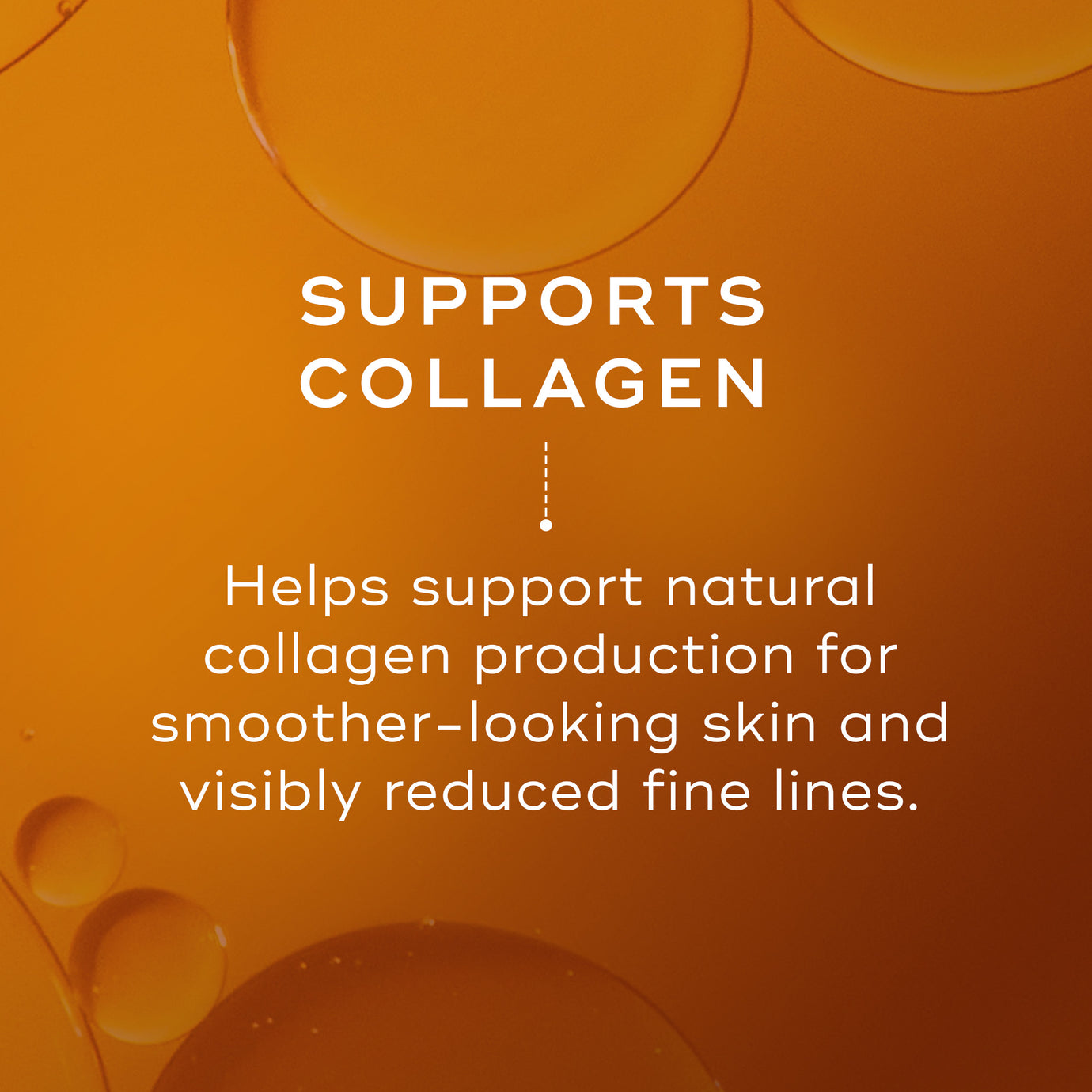 Warm orange background with text reading: ‘Supports Collagen.’ Supporting text reads: ‘Helps support natural collagen production for smoother-looking skin and visibly reduced fine lines.’