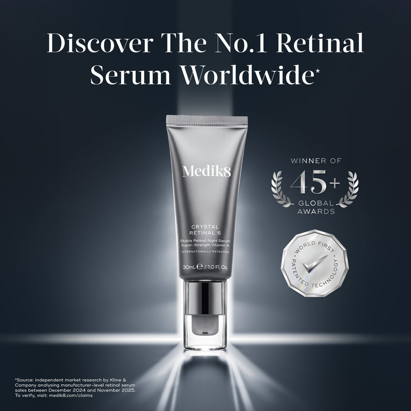 Medik8 Crystal Retinal 6 serum tube on a dark blue background with spot-lighting. Headline text states "Discover The No.1 Retinal Serum Worldwide*". Beside it are two silver badges: "WINNER OF 45+ GLOBAL AWARDS" and "WORLD FIRST PATENTED TECHNOLOGY". A footnote cites Kline & Company market research.