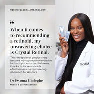 A portrait of Dr. Ewoma Ukeleghe, Medical & Cosmetics Doctor, wearing a Medik8 lab coat and holding Crystal Retinal tubes. A quote reads: "When it comes to recommending a retinoid, my unwavering choice is Crystal Retinal."