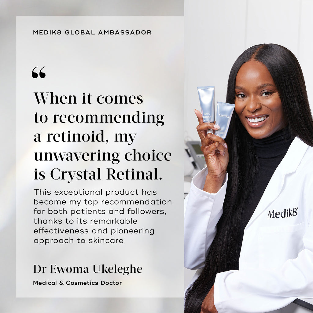 A portrait of Dr. Ewoma Ukeleghe, Medical & Cosmetics Doctor, wearing a Medik8 lab coat and holding Crystal Retinal tubes. A quote reads: "When it comes to recommending a retinoid, my unwavering choice is Crystal Retinal."