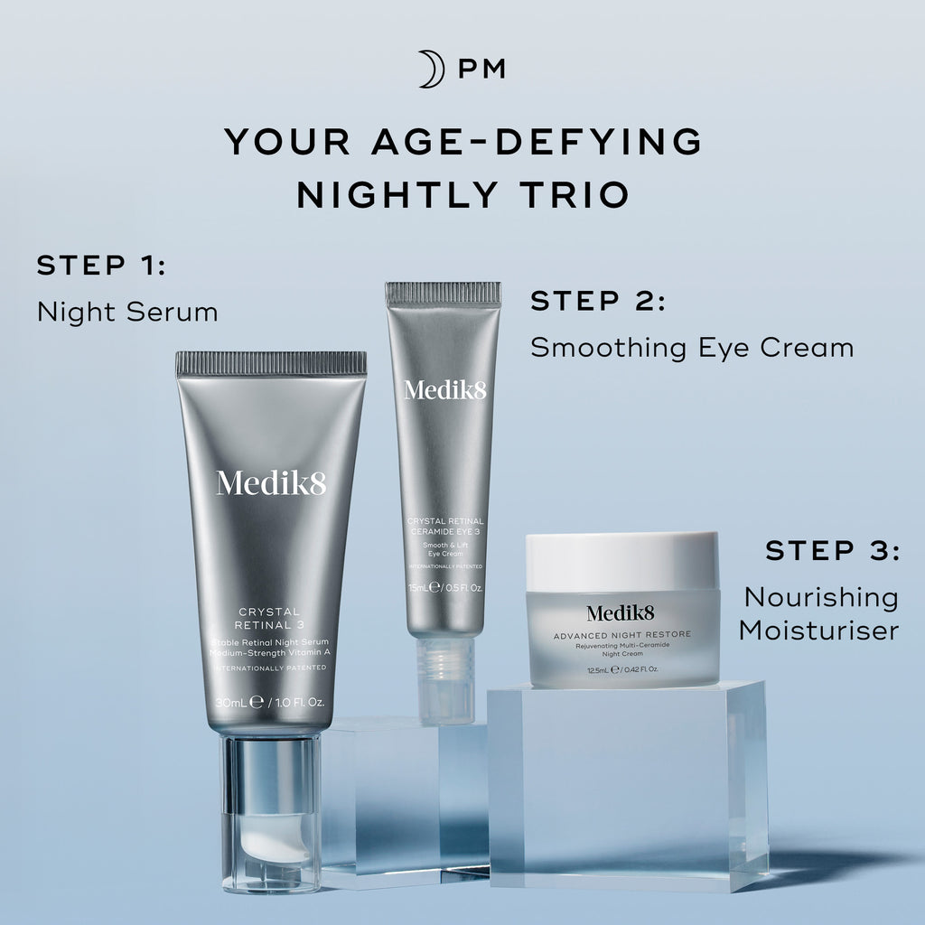 A "PM" routine guide titled "Your Age-Defying Nightly Trio." Products stand on clear blocks: Step 1 is Crystal Retinal 3 (Night Serum), Step 2 is Crystal Retinal Ceramide Eye 3 (Smoothing Eye Cream), and Step 3 is Advanced Night Restore (Nourishing Moisturiser).