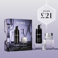The Medik8 Peptide Boosters kit box and products displayed on clear blocks against a lilac background. A glowing hexagonal graphic highlights a saving of "£21."