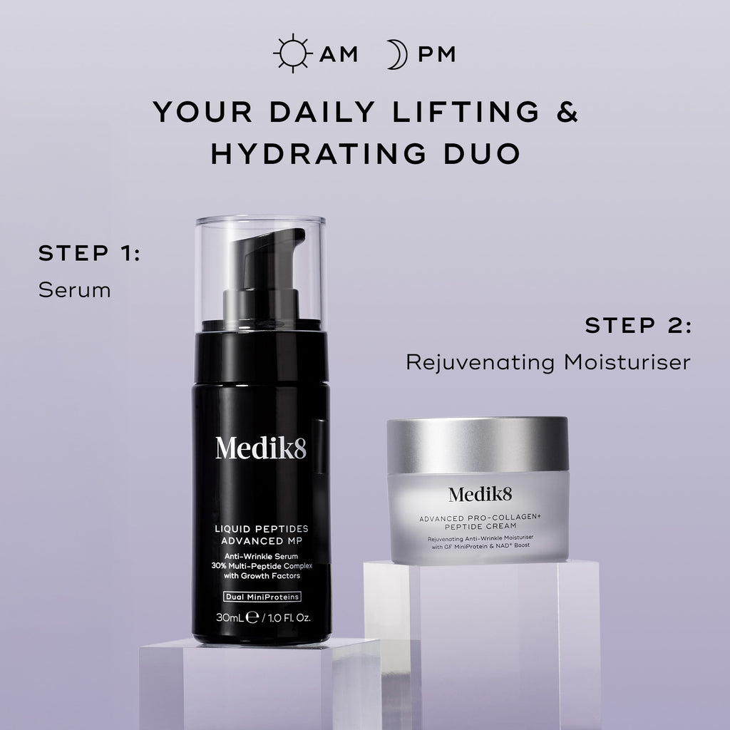 A routine guide titled "Your Daily Lifting & Hydrating Duo" with AM and PM icons. Products stand on clear blocks: Step 1 is Liquid Peptides Advanced MP (Serum), and Step 2 is Advanced Pro-Collagen+ Peptide Cream (Rejuvenating Moisturiser).