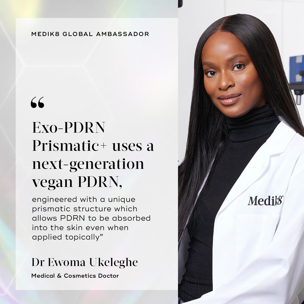 A portrait of Dr Ewoma Ukeleghe wearing a Medik8 lab coat. A text panel on a light, holographic background states "Medik8 Global Ambassador" and includes her quote: "Exo-PDRN Prismatic+ uses a next-generation vegan PDRN, engineered with a unique prismatic structure which allows PDRN to be absorbed into the skin even when applied topically." She is listed as a Medical & Cosmetics Doctor.