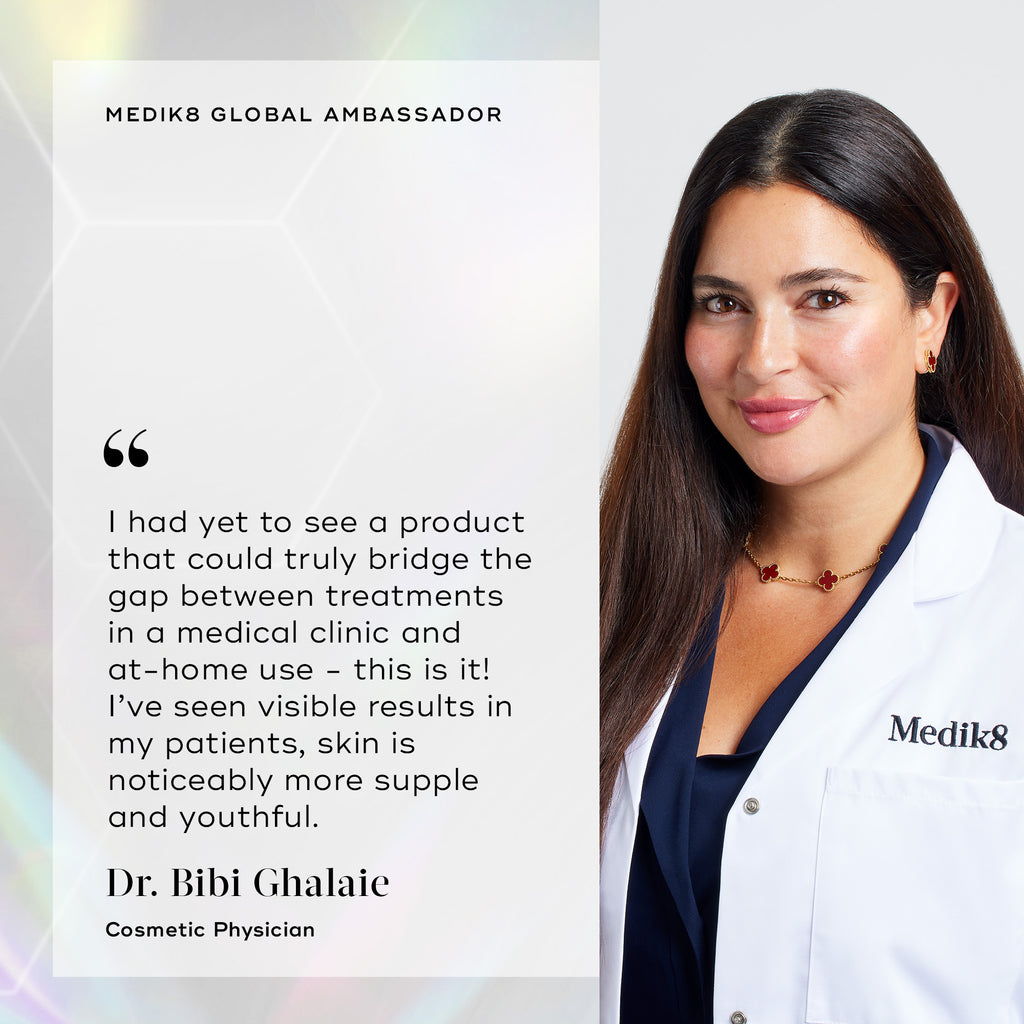 A portrait of Dr. Bibi Ghalaie wearing a Medik8 lab coat against a light holographic background. Text reads "MEDIK8 GLOBAL AMBASSADOR" with her quote: "I had yet to see a product that could truly bridge the gap between treatments in a medical clinic and at-home use - this is it! I’ve seen visible results in my patients, skin is noticeably more supple and youthful." She is titled Cosmetic Physician.