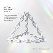 A 3D illustration of a DNA strand folded into a triangular prism shape against a light holographic background. Text titled "VEGAN PRISMATIC PDRN" points to the structure, stating "Uniquely designed for 60% deeper skin penetration than salmon DNA*". A footnote references an in vitro skin penetration study against salmon and rose PDRN benchmarks.