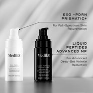 Medik8 Exo-PDRN Prismatic+ serum shown alongside Liquid Peptides Advanced MP as a routine pairing for advanced deep-set wrinkle reduction.