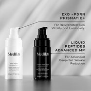 A product comparison on a light grey background with diagonal shadows. On the left, a white Medik8 Exo-PDRN Prismatic+ pump bottle is highlighted "For Rejuvenated Skin Vitality and Luminosity". On the right, a black Medik8 Liquid Peptides Advanced MP pump bottle is highlighted "For Advanced Deep-Set Wrinkle Reduction".
