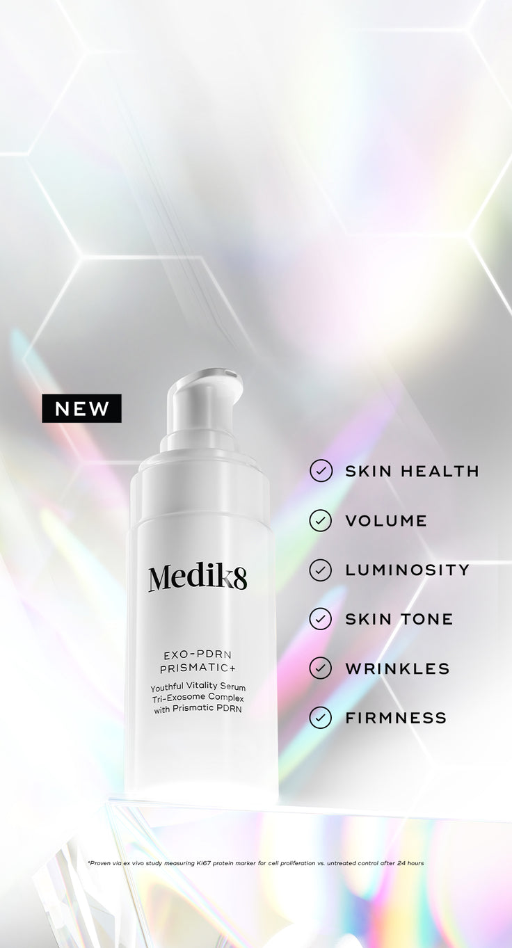 Exo-PDRN Prismatic+  on a white background with text about product benefits.