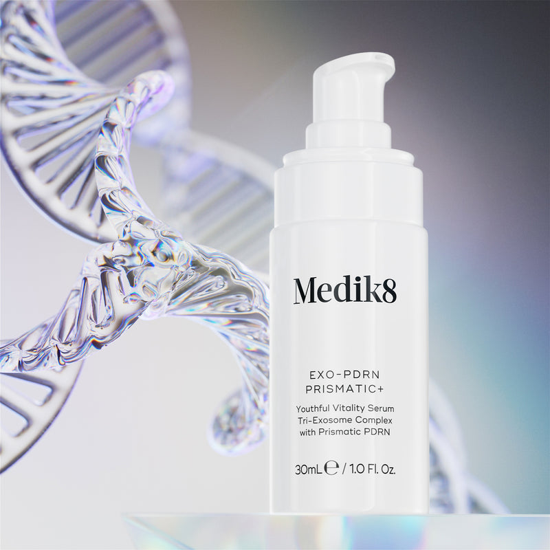 Medik8 serum Exo-PDRN Prismatic+ with a DNA double helix in the background