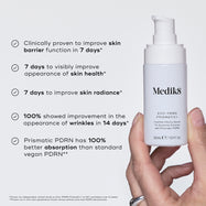 A hand holding a white Medik8 Exo-PDRN Prismatic+ pump bottle against a light grey background. Checkmarks highlight clinical claims: improved skin barrier, health appearance, and radiance in 7 days, 100% improved wrinkle appearance in 14 days, and 100% better absorption for Prismatic PDRN versus standard vegan PDRN. Footnotes reference studies.