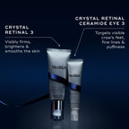 Two Medik8 products wrapped in a dark blue ribbon against a dark blue background, with text highlighting key benefits for each. The Crystal Retinal 3 tube "Visibly firms, brightens & smooths the skin," and the Crystal Retinal Ceramide Eye 3 tube "Targets visible crow's feet, fine lines & puffiness."