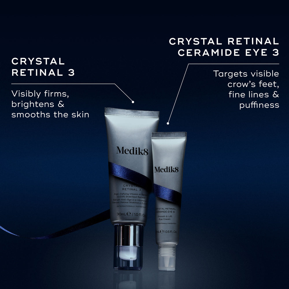 Two Medik8 products wrapped in a dark blue ribbon against a dark blue background, with text highlighting key benefits for each. The Crystal Retinal 3 tube "Visibly firms, brightens & smooths the skin," and the Crystal Retinal Ceramide Eye 3 tube "Targets visible crow's feet, fine lines & puffiness."