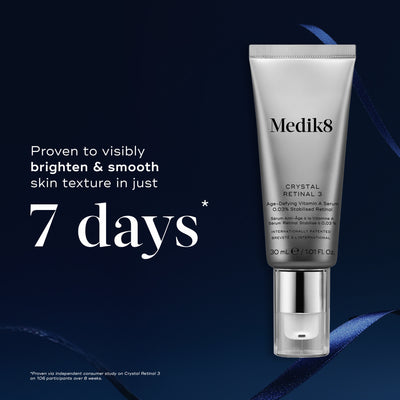 A Crystal Retinal 3 tube displayed against a dark blue background with a faint ribbon. Text highlights it is "Proven to visibly brighten & smooth skin texture in just 7 days."