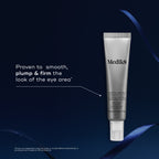 A Crystal Retinal Ceramide Eye 3 tube displayed against a dark blue background with a blue ribbon. Text pointing to the tube states it is "Proven to smooth, plump & firm the look of the eye area."