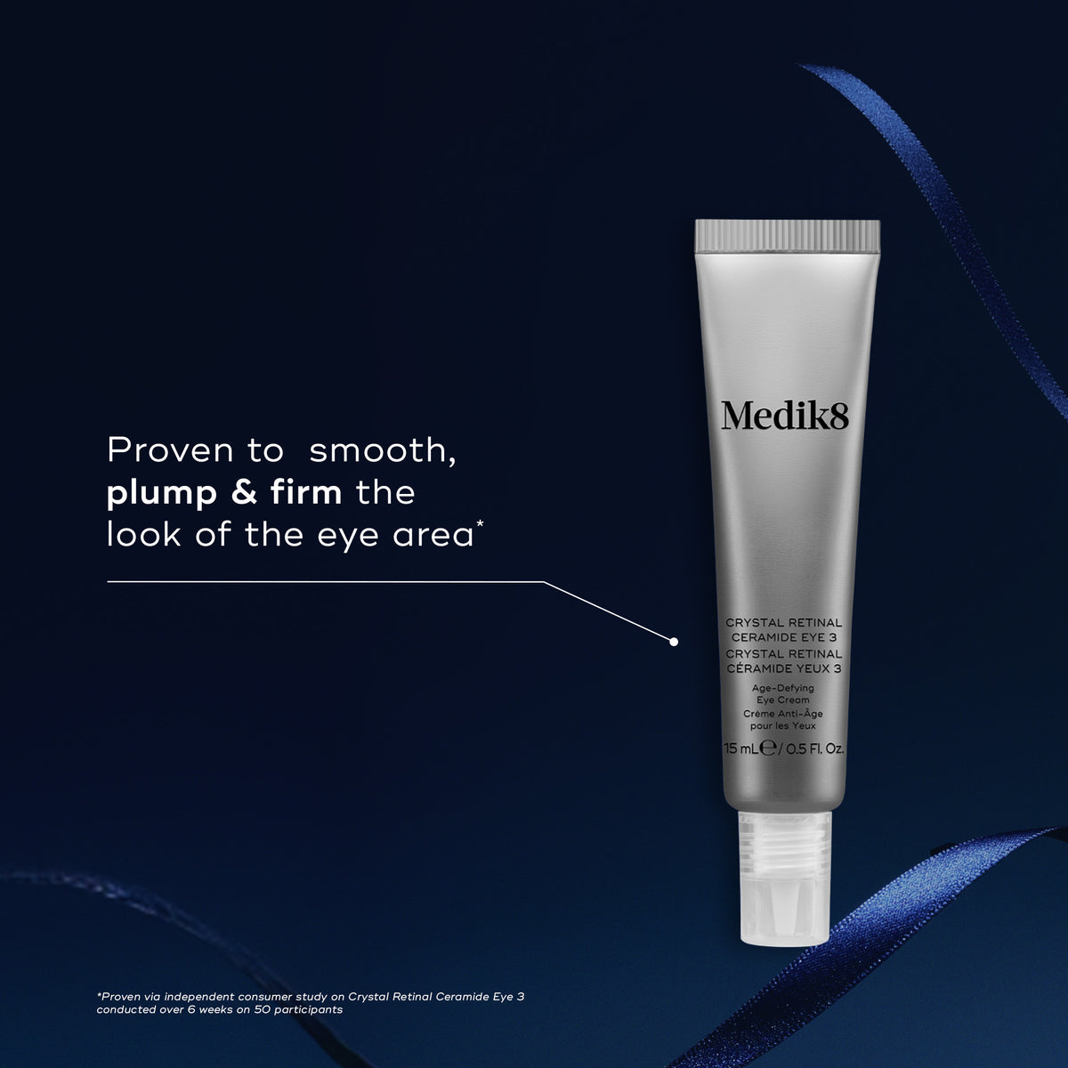 A Crystal Retinal Ceramide Eye 3 tube displayed against a dark blue background with a blue ribbon. Text pointing to the tube states it is "Proven to smooth, plump & firm the look of the eye area."