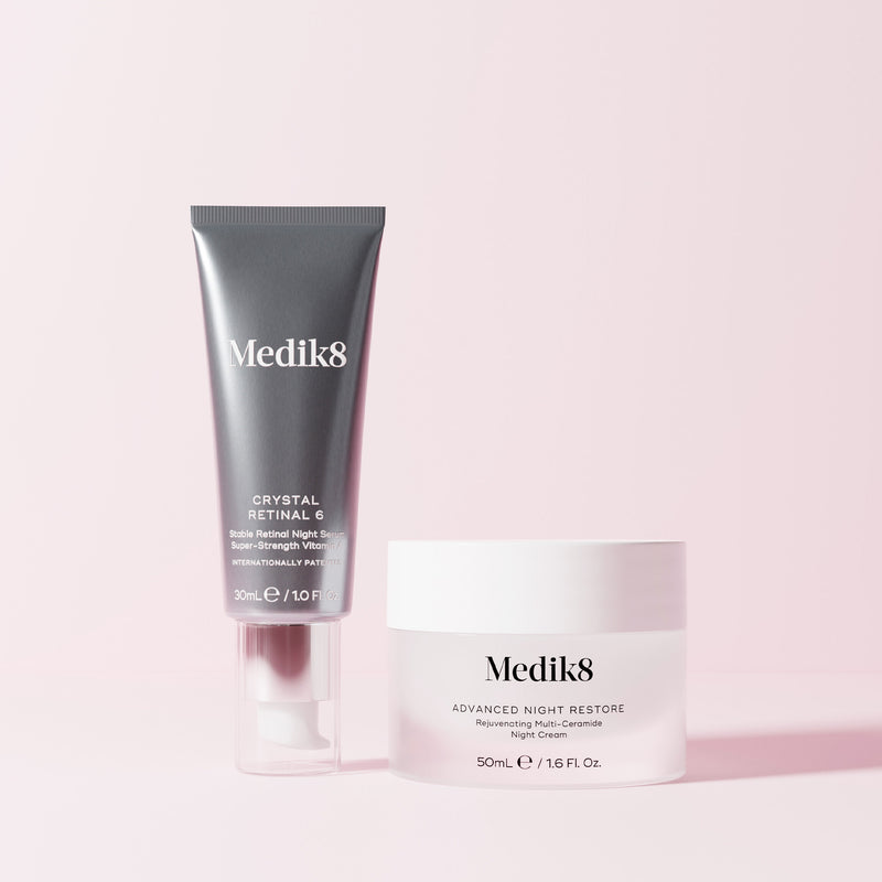 Crystal Retinal 6 & Advanced Night Restore bundle & save 15% on a pink background