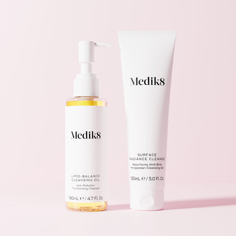 Lipid Balance Cleansing Oil & Surface Radiance Cleanse bundle & save 15% on a pink background