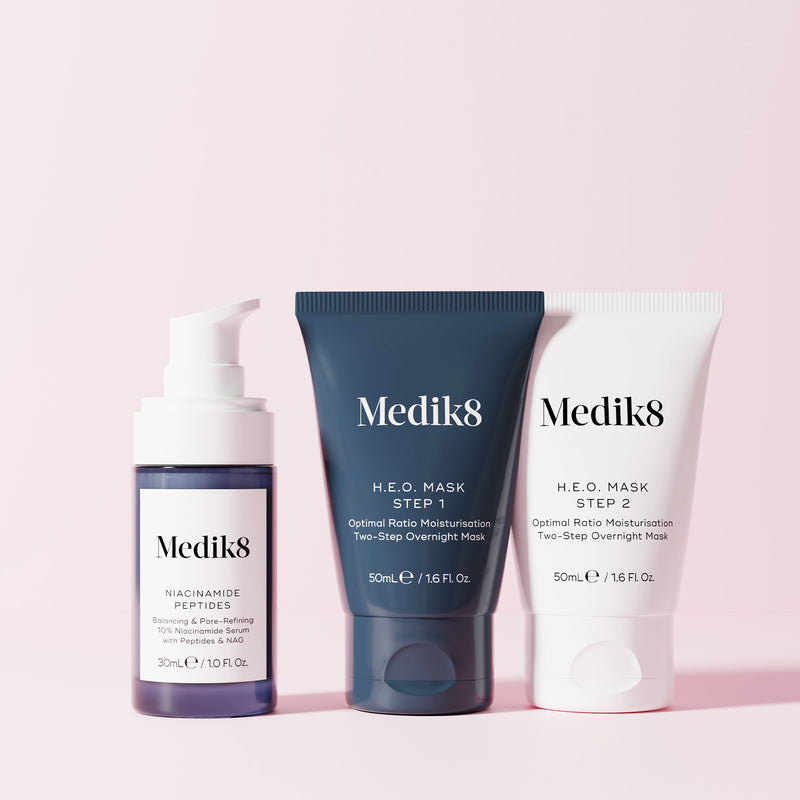 Niacinamide Peptides & H.E.O Mask bundle & save 15% on a pink background