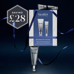 Medik8 Retinal Recharge skincare set featuring a white and blue gift box with two tubes - a Crystal Retinal 3 tube and Crystal Retinal Ceramide Eye 3 tube, and a dark blue ribbon, with a 'SAVING £28' promotional badge on a dark blue background.