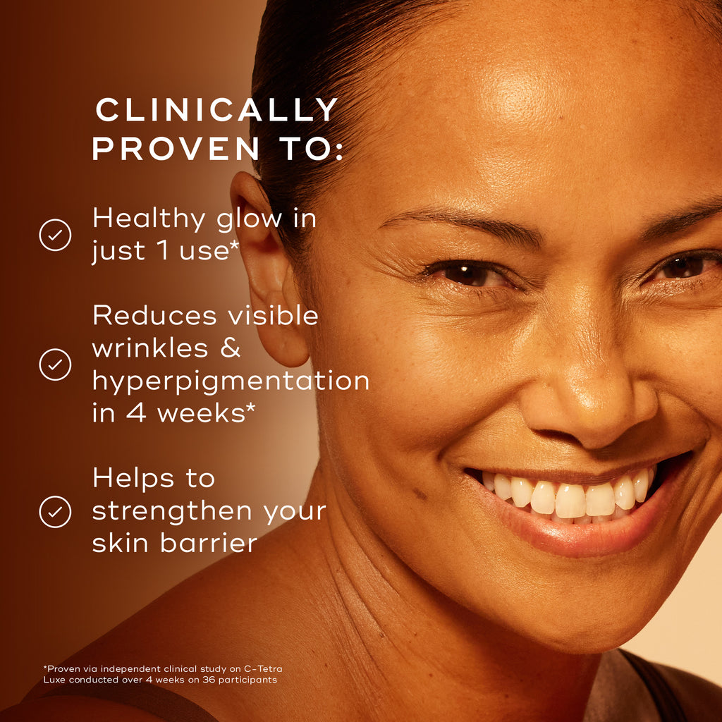 Close-up of a smiling woman with glowing skin on a warm orange background. Text reads: ‘Clinically proven to: Healthy glow in just 1 use*. Reduces visible wrinkles and hyperpigmentation in 4 weeks*. Helps to strengthen your skin barrier.’