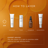 A layering guide titled "HOW TO LAYER" on a warm orange background with bubble-like graphics. An AM sun icon indicates a morning routine consisting of four steps. The featured products and steps are: CLEANSE: Medik8 Surface Radiance Cleanse tube.TONE: Medik8 Press & Glow bottle. VITAMIN C: Medik8 C-Tetra Luxe serum bottle. SUNSCREEN: Medik8 Advanced Day Ultimate Protect tube. There is "EXPERT ADVICE" stating to follow with vitamin A in the evening to maintain maximum age-defying results.