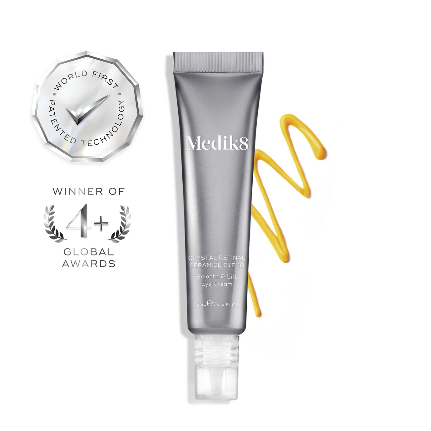 Medik8 Crystal Retinal Ceramide Eye 10 cream tube beside a zigzag swatch of yellow cream on a white background. Two silver badges highlight 