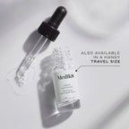 A small clear glass bottle (8mL) of Medik8 Liquid Peptides serum, with its dropper resting beside it. Text indicates it's "ALSO AVAILABLE IN A HANDY TRAVEL SIZE.